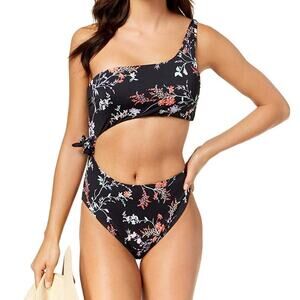 Bar III Reversible One Piece Black Floral Stripe Swimsuit Large NWOT